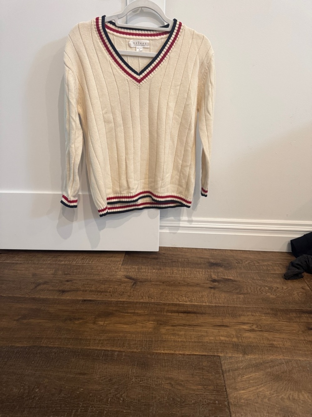 Velvet Cream V-Neck Sweater with Red and Navy Trim